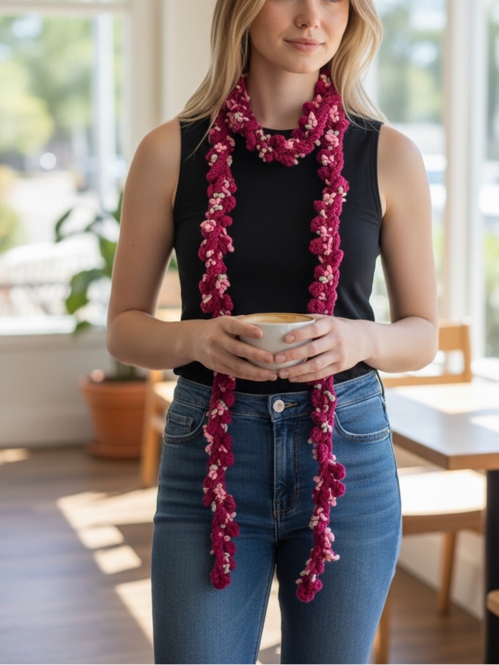 Crochet Raspberry Pink floral Scarf - Women Accessories